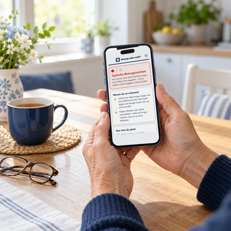 Ältere Hände halten ein Smartphone mit der App Betrug oder echt?